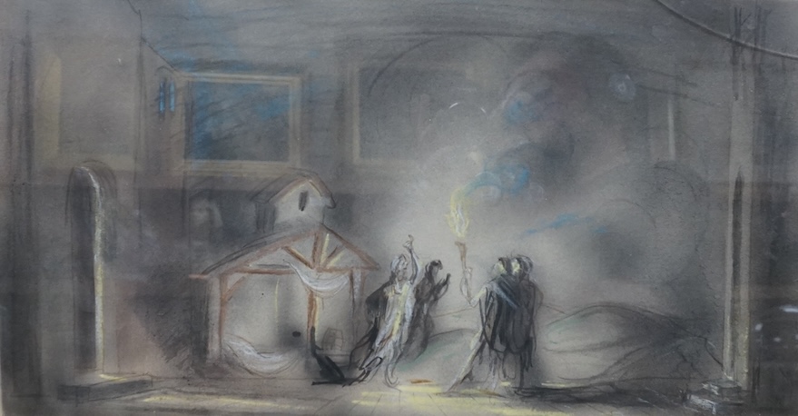 Roger Furse (1903-1972), theatrical interest pastel and mixed media, Scene from King Lear, signed and inscribed in ink, 31 x 56cm. Condition - fair